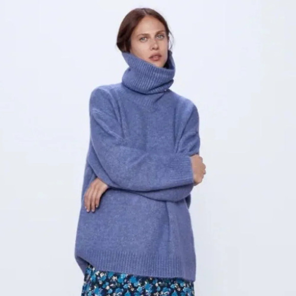 Zara Oversized Knit Turtleneck Sweater Jumper Dusty Blue Size Medium - Picture 2 of 8